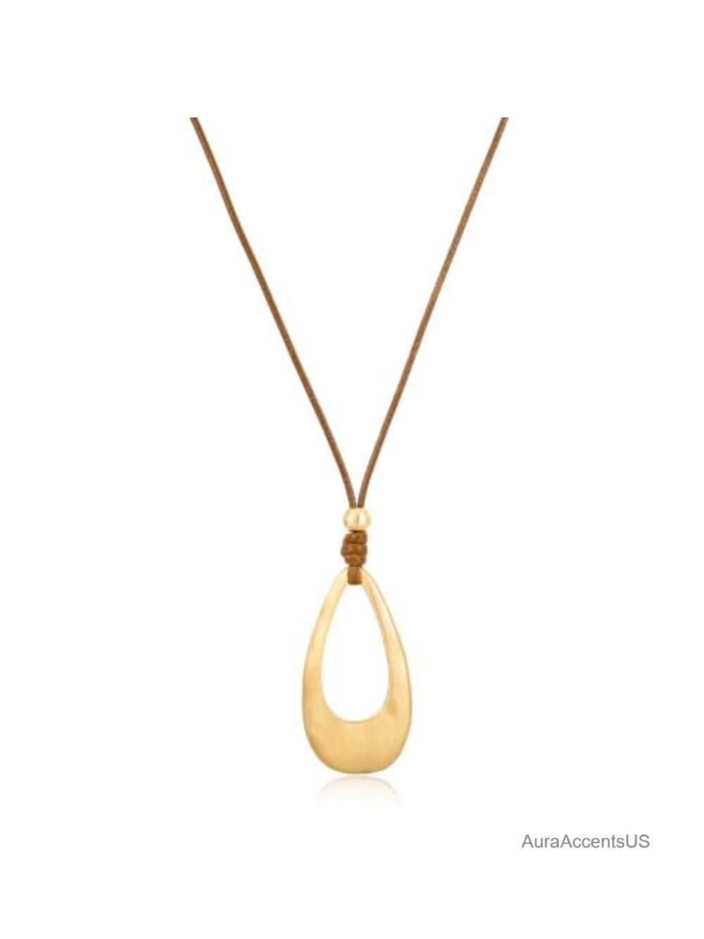 Brushed Gold Plated Teardrop Pendant Long Necklace Adjustable Wax Cord